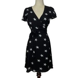 Lulus Wrap Dress Womens S Star Struck Black White Star Print Flutter Sleeve Mini